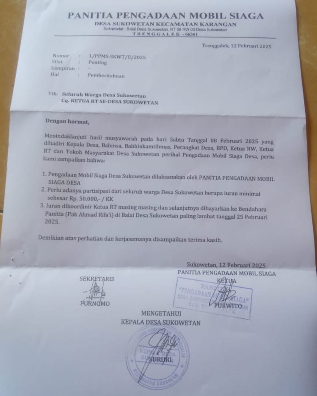 surat pemberitahuan dari Panitia Pengadaan Mobil Siaga Desa Sukowetan, Kecamatan Karangan.
