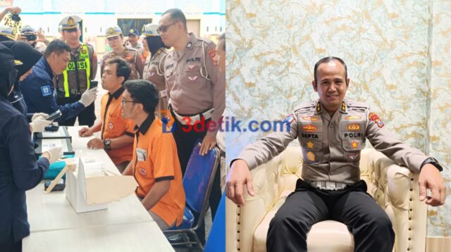 Dari kiri: tim Subdit Gakkum Polda Jawa Timur saat lakukan pengecekan tes kadar alkohol kepada sopir bus di Terminal. Kanan: Kasubdit Gakkum Polda Jawa Timur, AKBP Septa Firmansyah. [3detik.com]