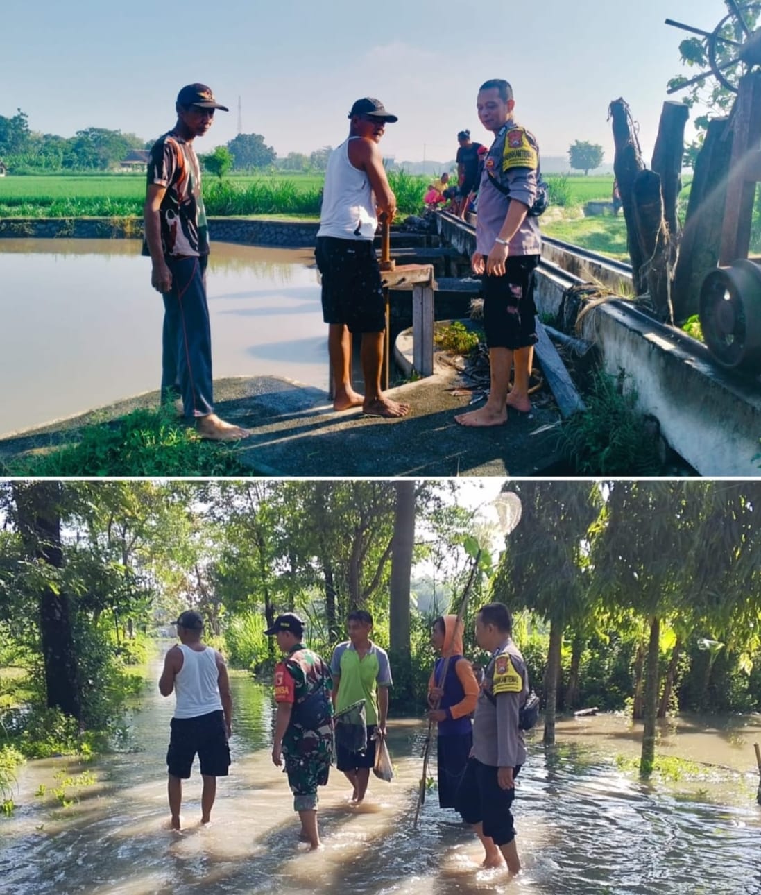Dalam rangka mendukung program ketahanan pangan nasional, Bhabinkamtibmas Desa Jogomerto Polsek Warujayeng Bripka Chandra Purniawan bersama perangkat desa dan unsur terkait membuka saluran Dam di Dusun Kwajon, Desa Sambiroto, Kecamatan Baron
