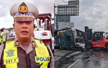 truk trailer bermuatan lem terguling tepatnya pada exit tol Juanda Sidoarjo