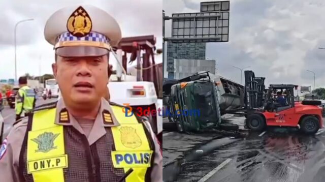 truk trailer bermuatan lem terguling tepatnya pada exit tol Juanda Sidoarjo