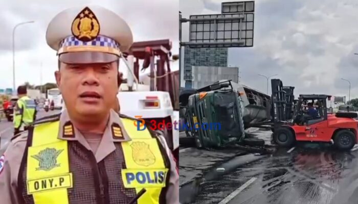 truk trailer bermuatan lem terguling tepatnya pada exit tol Juanda Sidoarjo