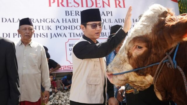 Bupati Trenggalek, Mochamad Nur Arifin menyerahkan hewan khurban bantuan Presiden RI, Prabowo Subianto ke Pondok Pesantren Kidul Kali, Kelurahan Kelutan, Kabupaten Trenggalek