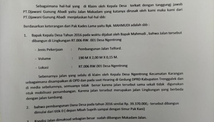 Dirut PT Djawani Bantah Tudingan Kades Ngentrong soal Jalan Rusak: Klaim Sudah Lewat Lahan Milik Sendiri