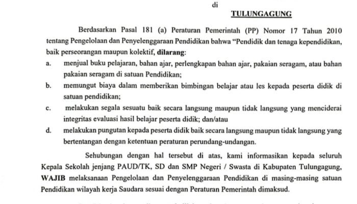 Disdik Tulungagung Larang Jual Buku dan Pungutan di Sekolah, Tegaskan Sanksi untuk Pelanggar